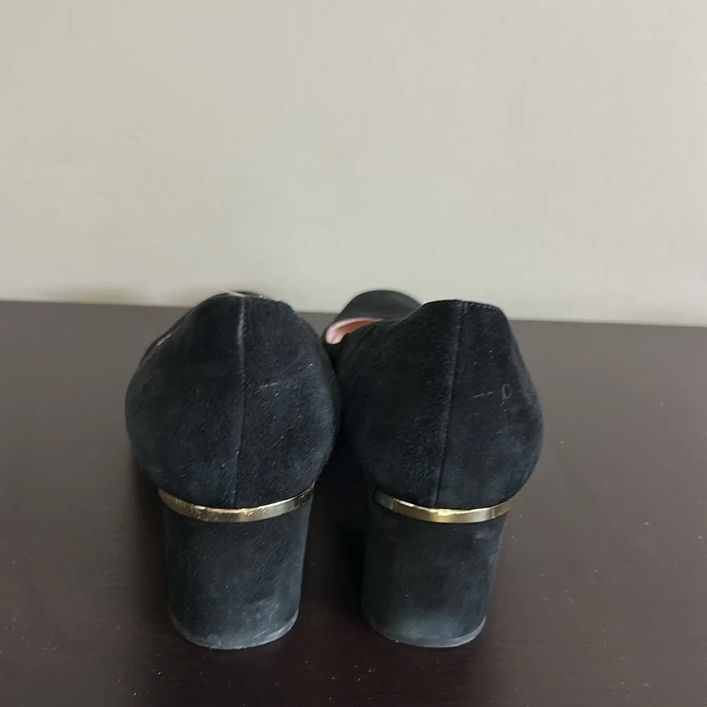 Kate Spade Dolores Too Designer Black Suede Gold Block Heel Pumps Sz 10